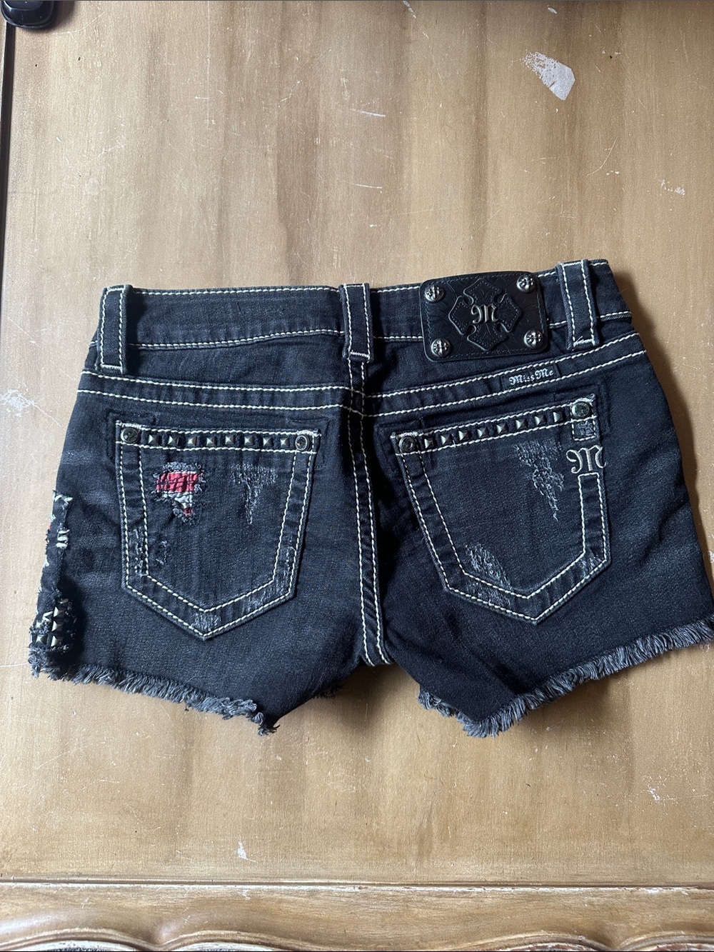 Miss Me Black Distressed Studded Flag Denim Shorts - Picture 2 of 2